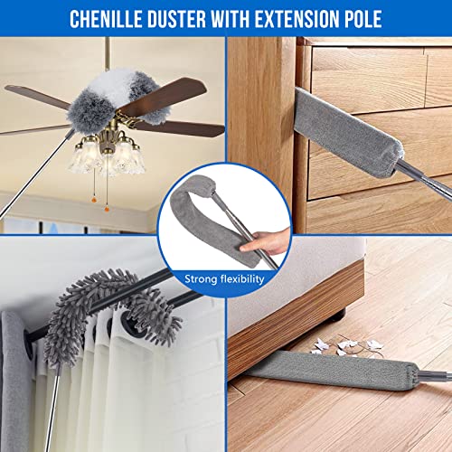 Dusters For Cleaning, Retractable Microfiber Gap Dust Cleaner With Extension Pole 30'' To 100'', Reusable Bendable Long Handle Feather Duster Kit For Cleaning High Ceiling Fan, Furniture, Blinds, Car #TOP1