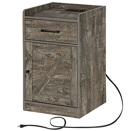 Rolanstar Mesita de noche con estación de carga, mesa auxiliar de granja con cajón de almacenamiento y armario para dormitorio, gris Cover