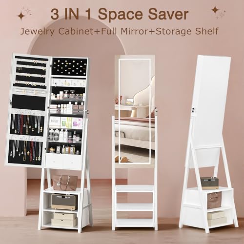 Image of VECELO Jewelry Cabinet with Lights, 63 inch Full Length Mirror with Jewelry Storage, Lockable Standing Jewelry Mirror Cabinet, 3 Colors Mode, Powered By USB, White