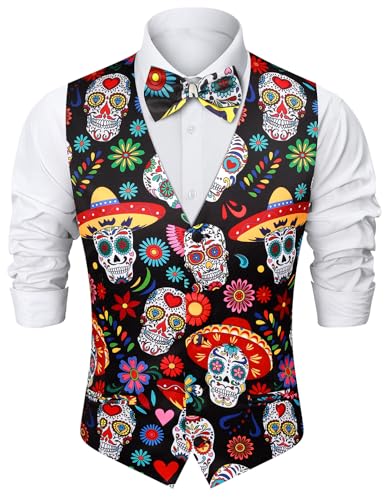 Fashonal Day of The Dead Costume Men Halloween Vest, Sugar Skull Costume Day of The Dead Vest & Bow Tie, Sugar Skull Size 3XL