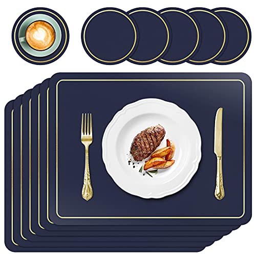 Placemats and Coasters Set of 6, PU Leather Heat Resistant Washable Non-Slip Waterproof Table Mats for Kitchen Dining Table Home Décor 16.9 x 11.8 inches (Navy Blue)