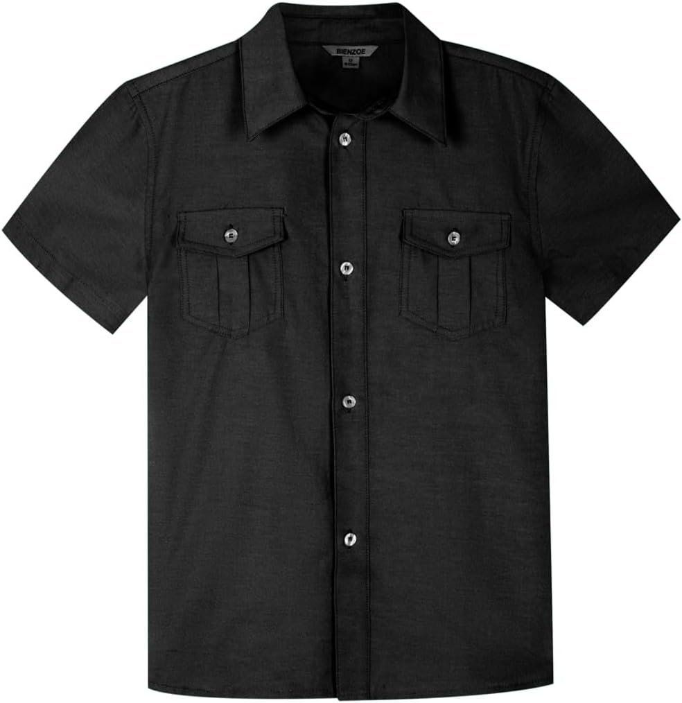 Bienzoe Boys Short Sleeve Shirt for School: Kids Button Up Collared Dress Fashion Shirts