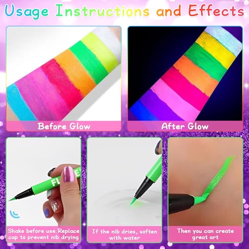 8 Colour UV Neon Face Paint Pens, Glow in the Dark Paint, Under UV Light Body Painting Kit, Temporary Tattoo Pen, Festival Makeup Accessories for Parties, Fancy Dress, Halloween, for Adults Kids - Image 7