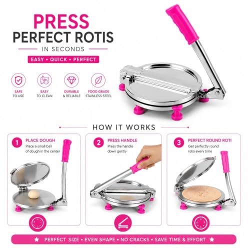Image of Heavy Duty Stainless Steel Roti Press & Puri Maker 8 Inch | Manual Chapati Press with Smooth Pressing Plate | Dough Press Machine for Roti, Puri, Papad, Tortilla, Khakhra & Flatbread | Kitchen Tool