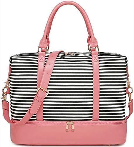BLUBOON Weekender Overnight Bag Women Ladies Carry-on Tote Canvas Travel Duffle Bag with Shoe Compartment in Trolley Sleeve (289 Pink -black stripe) 1 BLUBOON Weekender Overnight Bag Women Ladies Carry-on Tote Canvas Travel Duffle Bag with Shoe Compartment in Trolley Sleeve (289 Pink -black stripe)