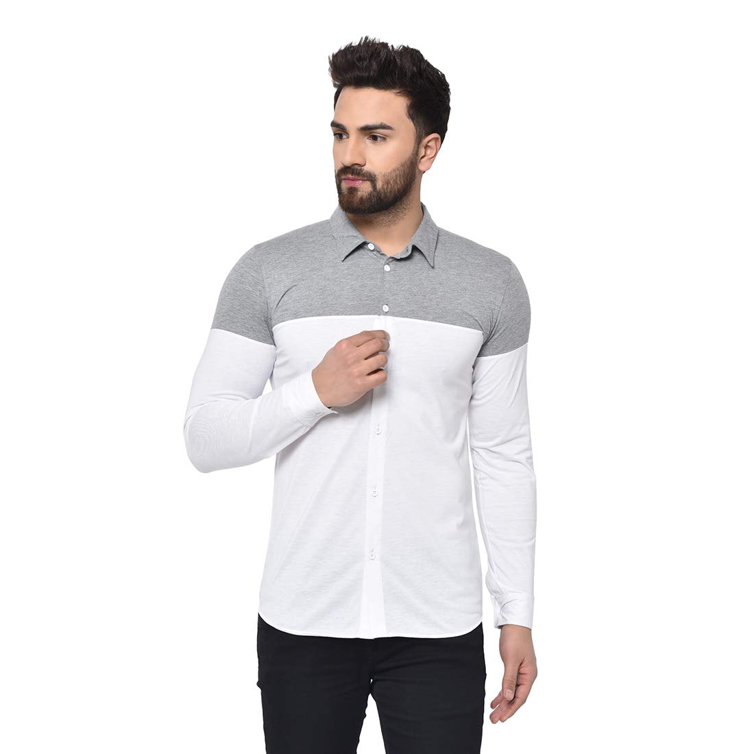 GlitoMen's Cotton Slim Fit Collar Shirts in White & Grey Color