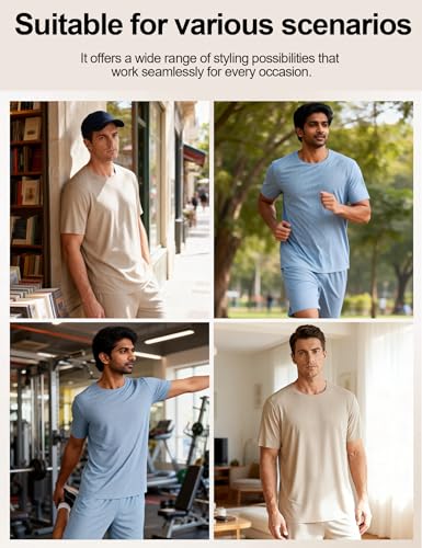 Image of Venzina Men's Ribbed Seamless Lounge Set -Loose Fit Cooling 4-Way Stretch Pajamas for Home, Outdoor, Relaxed Activities