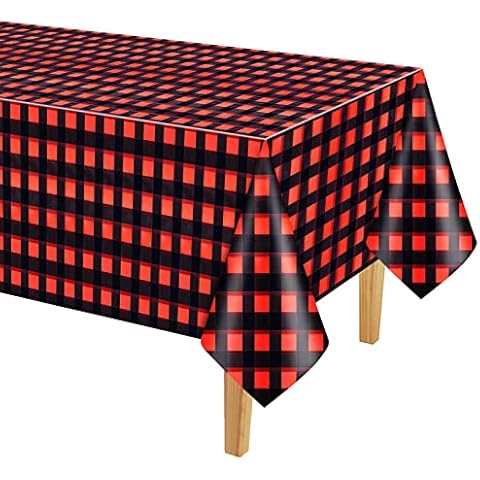PLULON Red and Black Checkered Tablecloth Plastic Buffalo Plaid Table Cover Gingham Tablecloth Winter Christmas Table Cloth 137×274cm for Holiday Dinner Tabler Decorations Christmas Party Supplies Cover