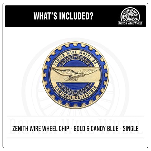 Image of Zenith Gold & Candy Blue Metal Wheel Chip Emblem (Single) | 24K Triple Gold Plated Solid Metal Wheel Chip Emblem, 2.25 inch | for Lowriders with Cut or Recessed Knock Off Spinner Caps