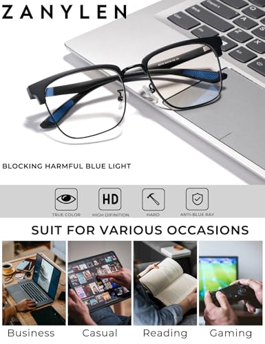 Image of ZanyLen Blue Light Glasses Men Rectangle Large Browline Computer Gaming Glasses
