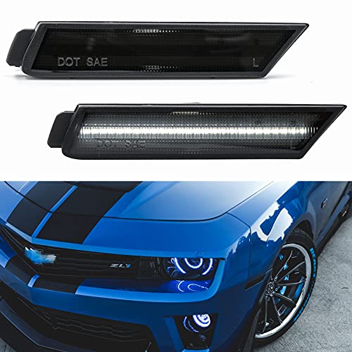 LED Side Marker Lights Replacement for Chevy Camaro 2010-2015 Euro Smoked Lens Xenon White Led Front Clearance Parking Marker Light Assembly Replace OEM Sidemarker Lamps