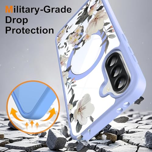 Image of VONZEE Compatible with Samsung Galaxy A36 5G Case Luxury Retro Flowers Floral Clear for Magnetic Wireless Charging Case Shockproof Case PC+TPU Cute Glossy Shiny Cover for Girls Women, Official Blue