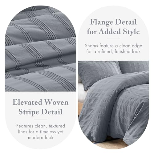 Image of Madison Park Essentials Striped Duvet Cover Set King, Modern Minimalist Bedding Set with Premium Jacquard Stripe, 3 Pieces Duvet Cover Reversible with Zipper Closure & Corner Ties,Blue /Grey
