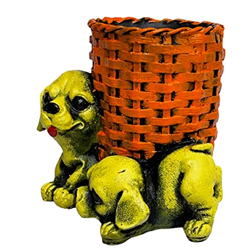 Image of AUGEN Pen Stand Decorative Hand Painted Two Puppy, Dog Design Stationery Holder | Gift Item | Table Top Decor (1052)
