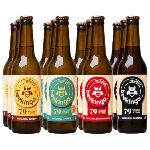 Beekinga Pack Degustación Hidromiel de 12 Botellines de 33cl con Hidromiel de Romero, Lavanda, Tostado y Frutos Rojos