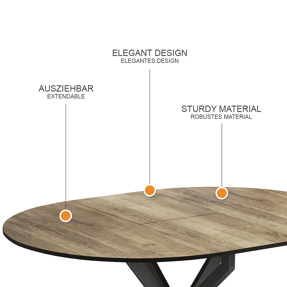 Vicco Mesa de Comedor Loyd, Negro/Roble rústico, 120 x 76.5 cm Extensible, Apto para Ampliar la Superficie de la Mesa según Sea Necesario