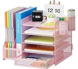 Marbrasse Desk Organiser File Holder,5-Tier Paper Letter Tray Organiser with Drawer,2 Pen Holder,Mesh Desktop Storage with Magazine Holder for Office Supplies (Pink)