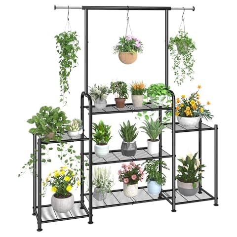 Simple Trending Plant Stand Indoor Outdoor, Metal 3 Tier Tall Hanging Plant Shelf for Multiple Flower Planter Large Heavy Duty Ladder Plant Holder for Garden, Black Cover