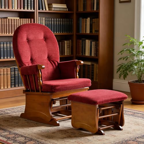 Image of Gliding Rocking Chair with Ottoman for Nursery, Chenille Padded, Burgundy