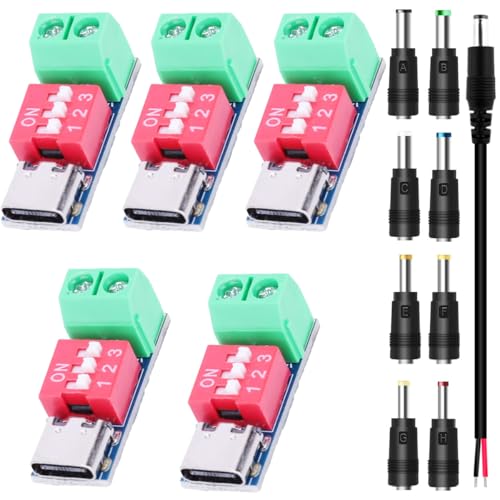 Youmile 5 piezas Módulo de disparo PD Módulo de disparo de señuelo de carga rápida USB-C 5V 9V 12V 15V 20V Voltaje constante Salida fija con kits de conectores de CC Cable macho de CC