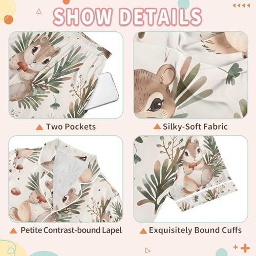 senya Cute Cartoon Squirrel Satin Summer Pajama Sets Silk Short Sleeve Button Down Sleepwear3