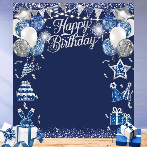 Telón de fondo azul grande con purpurina y globos plateados para decoración de cumpleaños para fiesta de cumpleaños al aire libre, pancarta de mesa de pastel, mesa de postre, suministros de fotos