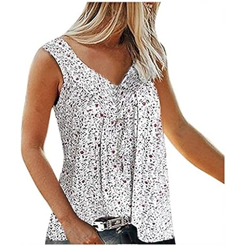 Lazzboy Women Tank Top Solid Floral Flowers Print Plus Size Cami Vest Boho Casual Loose V Neck Pleated Ladies Sleeveless T Shirt Blouse (16,White) Cover