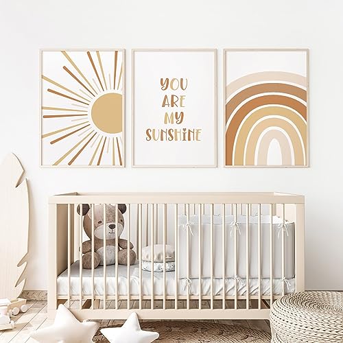 Image of Baccone Boho Nursery Wall Art Baby Girl Wall Decor Kids Rainbow Canvas Wall Art You Are My Sunshine Pictures Toddler Sun Prints Nursery Artwork for Room Bedroom Set of 3 16x24 Inch Unframed