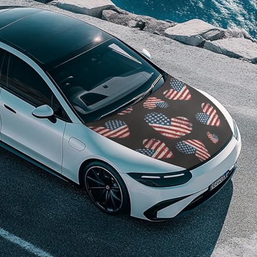Image of Heart American Flag Car Hood Cover Protector, Retro American Flag Love Heart Removable Automotive Exterior Accessories for Car SUV Sedans Trucks, Easy Installation