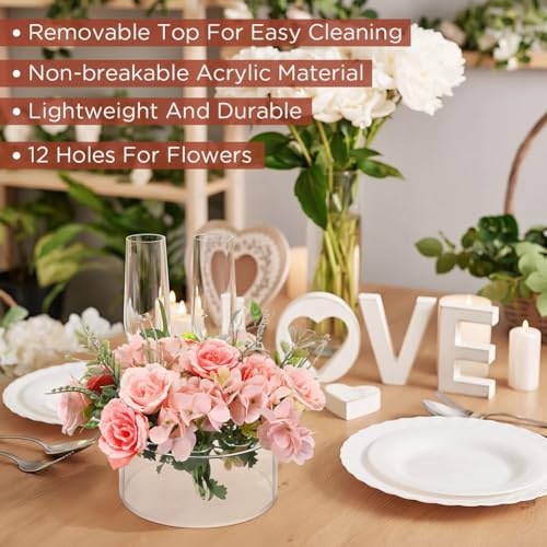 Vase à fleurs rond de mariage低矮设计解决挡视线难题 | 3件套12孔亚克力桌花中心件 - 7