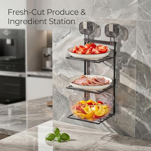 Image of Premium 2-Tier Stainless Steel Kitchen Rack | Wall Mount Modular Organizer Shelf & Multipurpose Storage Stand for Spices, Pantry & Bathroom Toiletries | Space Saving Design (BLACK)