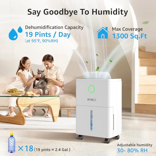 Image of KNKA 1300 Ft Max 19 Pints Dehumidifier for Basement with Drain Hose | Dehumidifiers for Home, Bedroom, Bathroom, Large Room, Three Modes, Intelligent Humidity Control, Dry Clothes, 24HR Timer