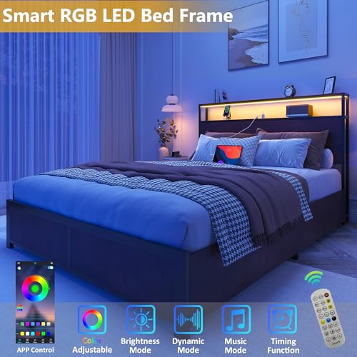 Image of Lifezone Full Bed Frame with 2-Tier Storage Headboard, Metal Platform Bed Frame with 4 Storage Drawers, Built in Charging Station & LED, Noise-Free /Metal Support /No Box Spring Needed, Coffee Brown