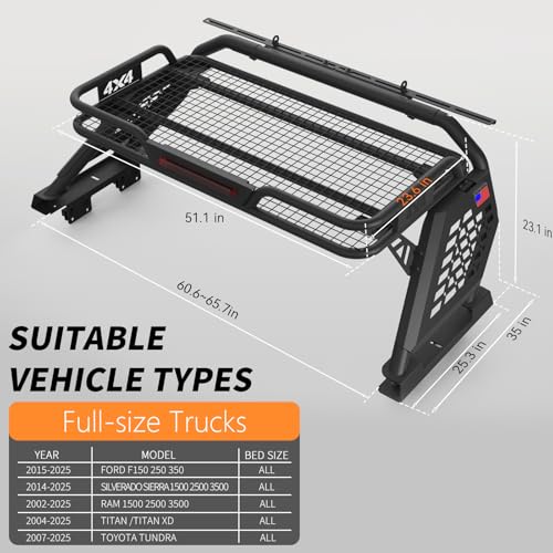 Image of Basket Roll Bar for Full-Size Trucks with Cargo Basket, Brake Light, Light Mount | Non-Drill Installation for F-150 /250 /350, Silverado Sierra Ram 1500 /2500 /3500, Tundra, Titan XD (Full-size Truck)