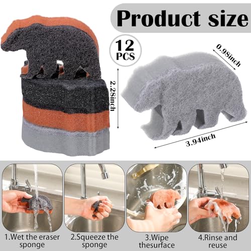Image of Tioncy 12 Pack Rustic Bear Kitchen Sponges Bulk 4 Colors Cute Dual Sided Scrubber Brown Black Bear Sponges Reuseble Dishwashing Kitchen Cleaning Accessories for Cookware Pot Boiler Pan Household