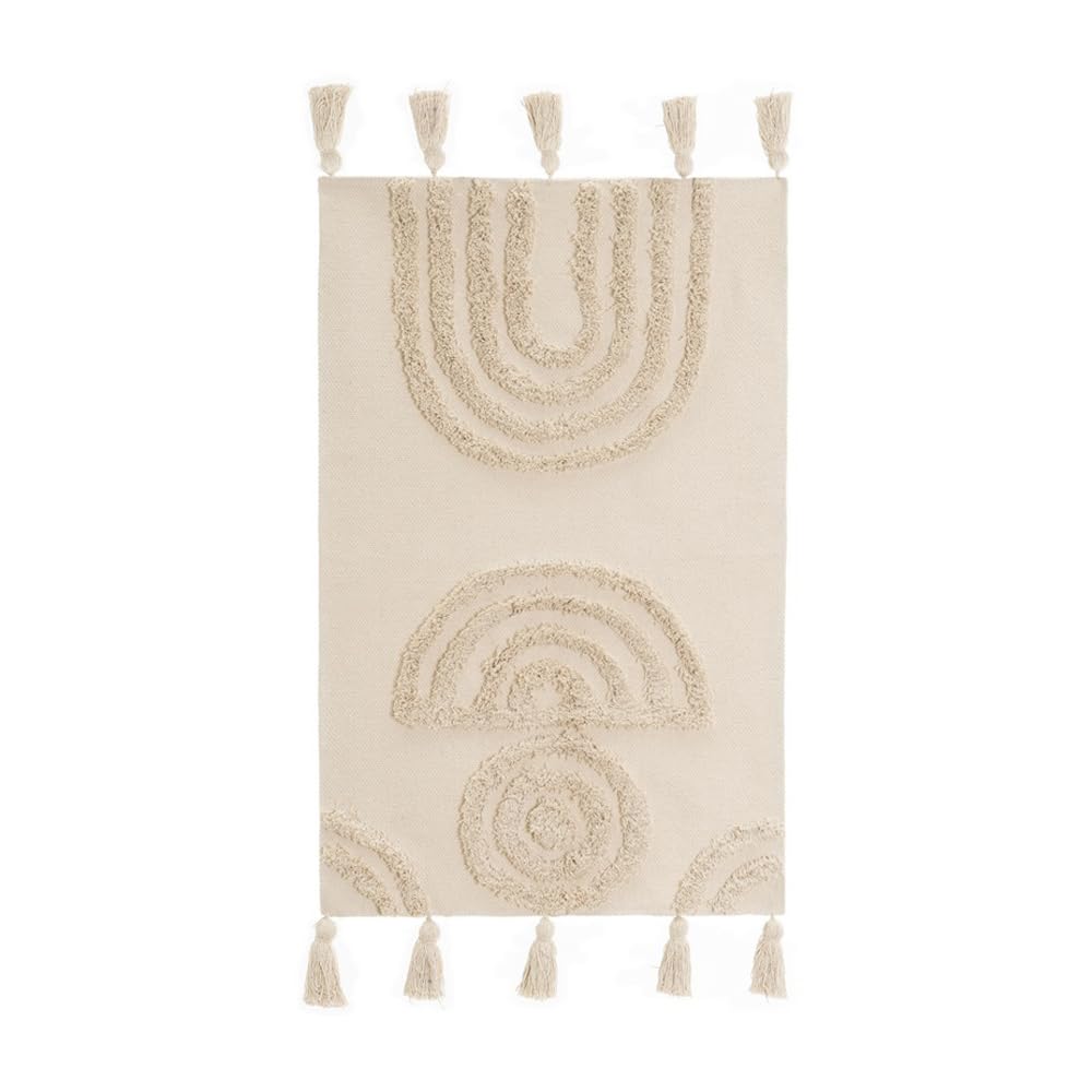 LOLAhome Alfombra Dormitorio Beige con Relieve semicircular y borlas de algodón Natural de 80x50 cm