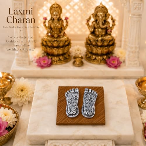 Image of DIVINITI 999 Silver-Plated Laxmi Charan Paduka with Luxury Gift Box|Sacred Lakshmi Charan for Wealth, Prosperity & Positive Energy|Vastu Decor for Home Temple, Diwali & Housewarming Gift|5.5 x 2 cm