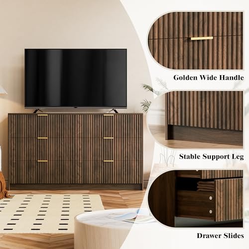 Image of Furniway 3 Piece Bedroom Set, 6 Drawer Dresser and 3-Drawer Nightstand Set of 2 with Gold Handles, Mid-Century Modern Wood Chest of Drawers Storage Cabinet for Bedroom, Walnut