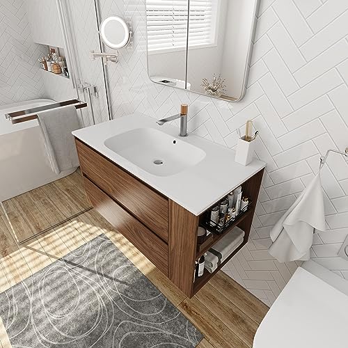 Voohek Modern Design Set Bathroom Vanity with Sink, Basin Space, 36 Inch (Side Storage), Brown Oak