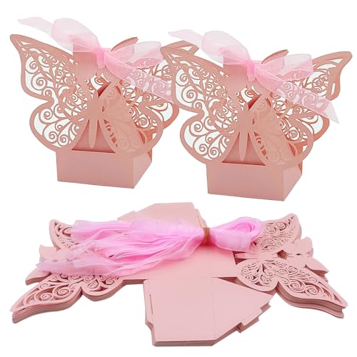 ONEBO 25 pièces Rose Boîte cadeau pliante, boîte de mariage, boîte à bonbons, boîte cadeau créative, avec ruban, pour mariage, anniversaire, bricolage...
