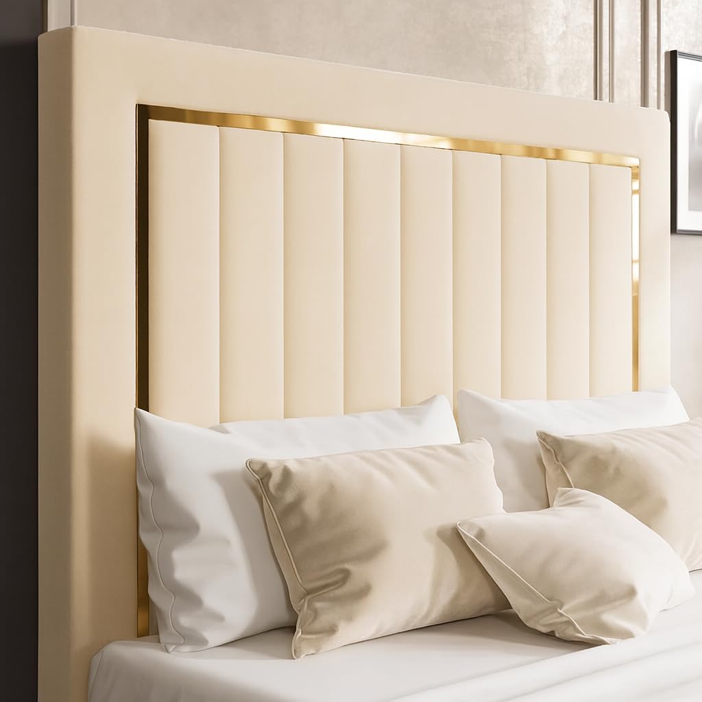 Spring Well Extra Tall Wall Mounted Upholstered Headboard, Plush Velvet Panelled Design with Gold Trim, Modern Style, Available in Single, Double, King & Super King Sizes (Grey, 6ft-127cm Tall)