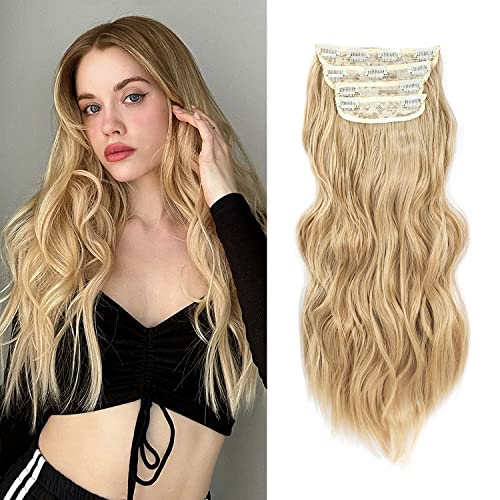 Hair Extensions Clip In 20Inch Long Wavy Hair Extensions 4Pcs Synthetic Full Head Hairpieces Seamless Weft for Natural Volume for Daily Use & Any Occasions Weft for Natural Volume Golden Blonde