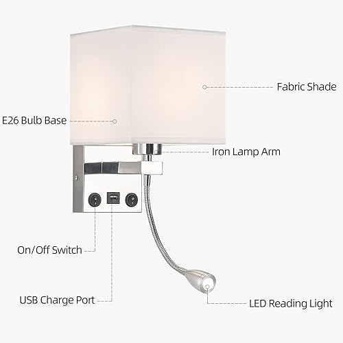 Miniatura 4 de Apliques de pared con cableado moderno para dormitorio con puerto USB y lámpara de lectura, lámparas de pared de noche para hotel, sala de estar,