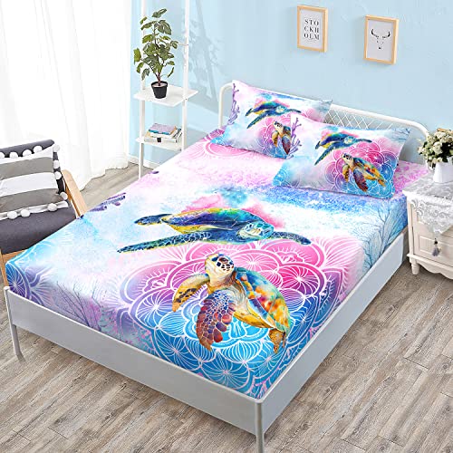 HOSIMA Sea Turtle Fitted Sheet Sets,Coastal Beach Themed Bed Set for Kids Teen Girls Boys Room Decor,Toddler Bedding Set,Mandala Turtle Bed Cover,1 Fitted Sheet+2 Pillowcases., Full 55''*75''