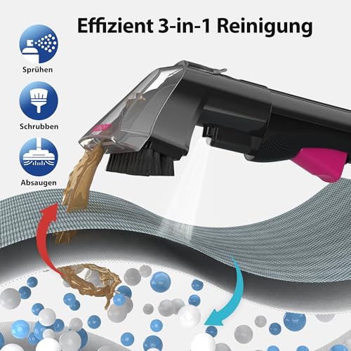 WECLEAN C5 Teppichreiniger Tragbar, Teppich & Polster Reinigungsgerät für Tiefenreinigung, mit 350W Motor, 2-Tank-System und Zubehör für Auto, Couch & hartnäckige Flecken，Schwarz and Rosa