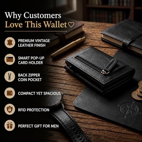 Image of Slim Leather Card Holder Wallet, Black, RFID Blocking, Zipper Pocket, Pop-Up Card Ejector