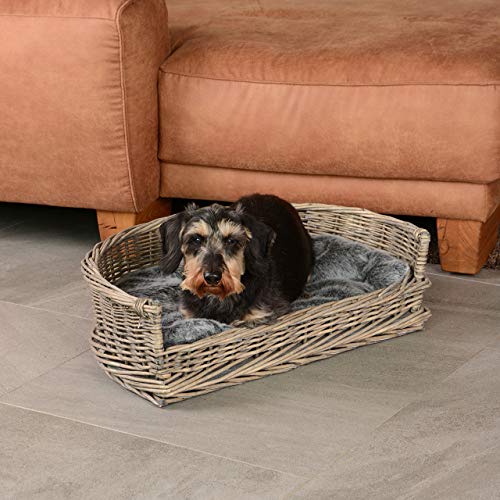 UNUS Hundebett Hundekorb Hundekörbchen aus Weide mit Kissen S für Hunde und Katzen grau 61 x 44,5 x 15,5 cm