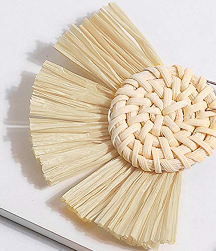 Woven Tassel Earrings Clip On Lightweight Rattan Raffia Straw Wicker Braid Thread Dangle Drop Apricot #TOP2