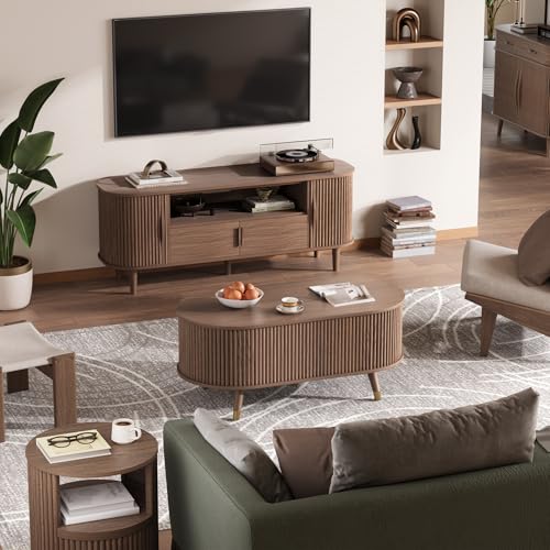 Image of JOINICE Oval Lift Top Coffee Table with Storage for Living Room,43 inch,Walnut | Large Hidden Storage,Mid Century Fluted Panel,Pop Up Center Table with Wooden Legs,Lifts to 22.4 inch,Holds 88lbs,Easy Assembly