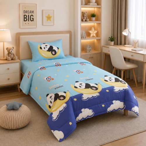 Image of Filymore Kids Cloud Panda Bedding Set for Single Bed | 1 Single Bedsheet 90 x 60 Inches with 1 Pillow Cover & 1 Comforter 90 x 60 Inches | Soft Microfiber Panda Print Bed Set for Boys & Girls
